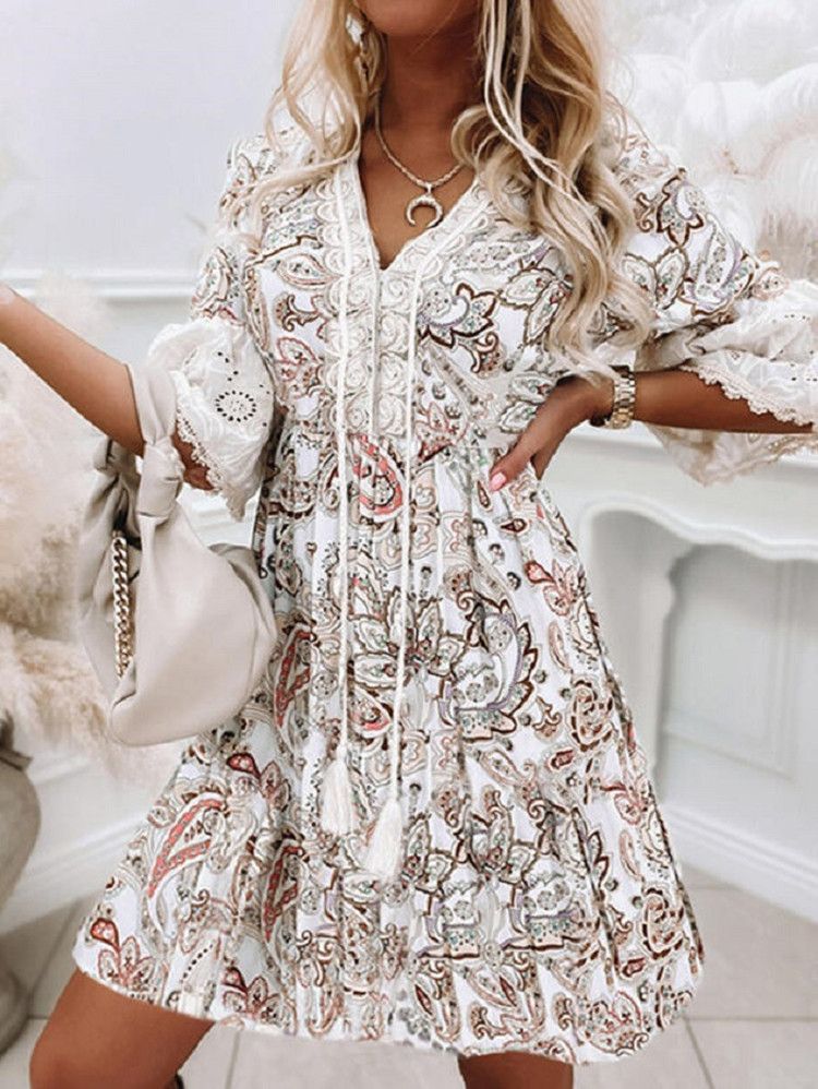 Women's Clothing New Printed V Neck Trumpet Sleeve Lace Tassel Bohemian Dress_ecoleips.com