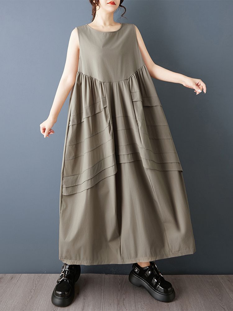 Khaki Vintage Patchwork Sleeveless Summer New Dresses For Woman Korean Fashion Loose Casual Long Dress Elegant Clothing 2026_ecoleips.com