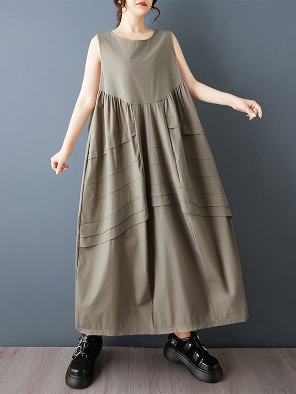 Khaki Vintage Patchwork Sleeveless Summer New Dresses For Woman Korean Fashion Loose Casual Long Dress Elegant Clothing 2026_ecoleips.com