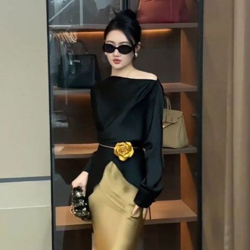 2025 Summer New Light Youthful Elegant Irregular Top Shirt Satin Mermaid Half Skirt Two-Piece Set For Women_ecoleips.com