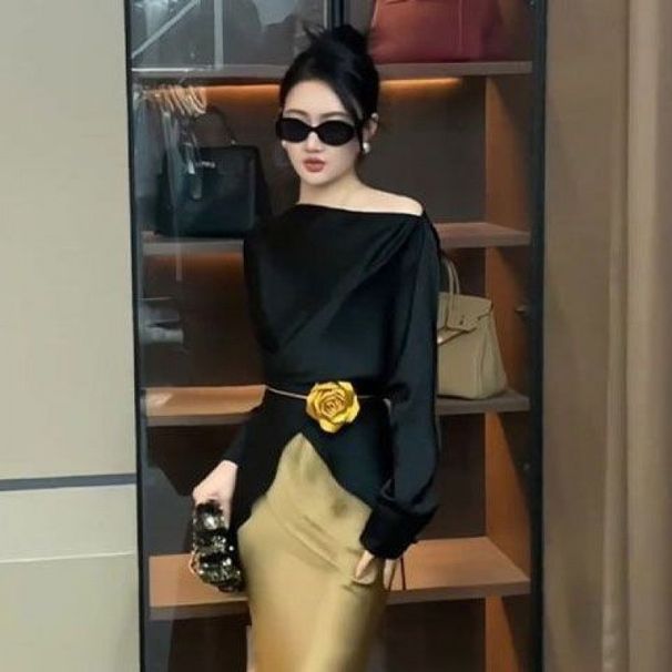 2025 Summer New Light Youthful Elegant Irregular Top Shirt Satin Mermaid Half Skirt Two-Piece Set For Women_ecoleips.com