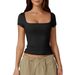Women's Slim Fit Cropped Square Neck T-Shirt – Breathable Short Sleeve Top For Casual & Layering_ecoleips.com