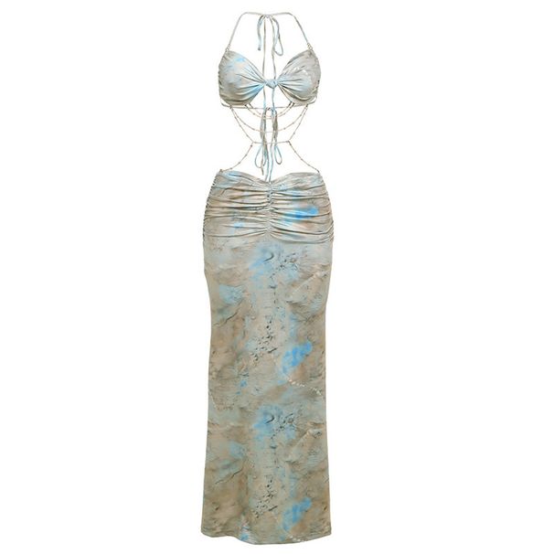 Summer New Arrival Women Dress Halter Tie With Bead Chain Decoration Slim Fit Backless Sexy Spicy Girl Dress_ecoleips.com