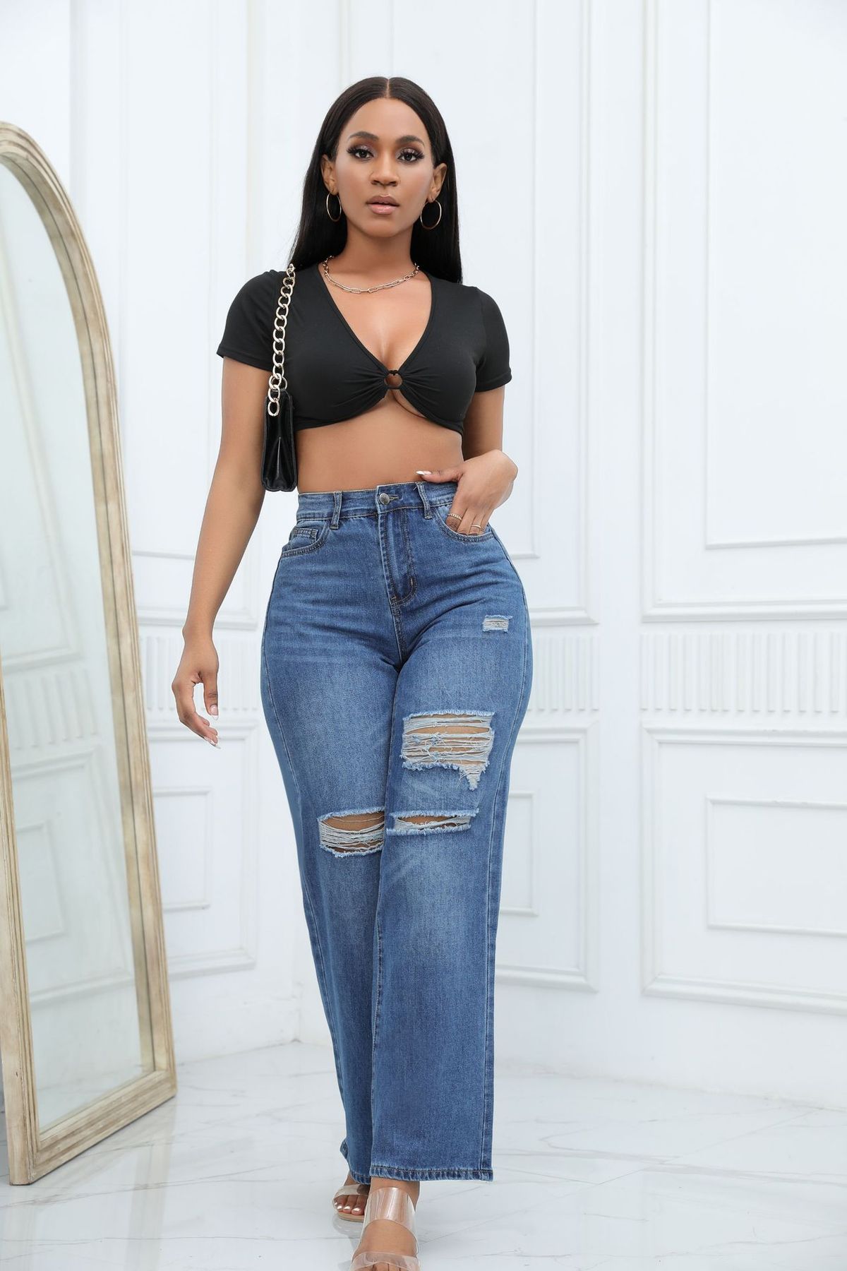 Women's Clothing New Elastic Hole Loose Bell Bottom Pants_ecoleips.com