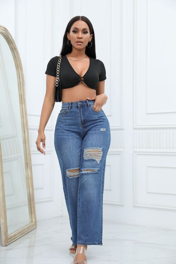 Women's Clothing New Elastic Hole Loose Bell Bottom Pants_ecoleips.com