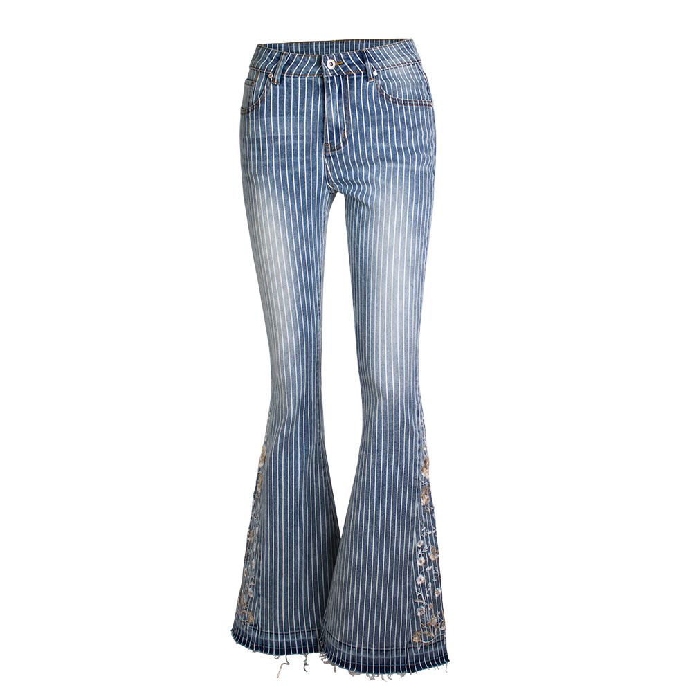 Women's Clothing Three Dimensional 3d Embroidery Women's Jeans Trousers Striped Bell Bottoms_ecoleips.com