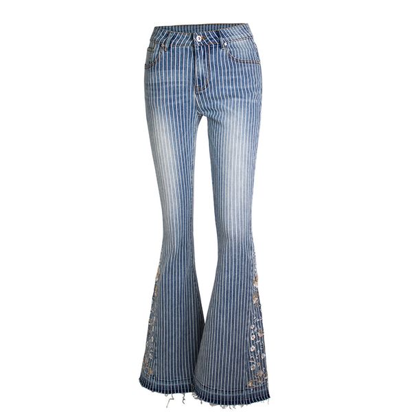 Women's Clothing Three Dimensional 3d Embroidery Women's Jeans Trousers Striped Bell Bottoms_ecoleips.com
