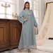 Muslim Dress Women "Elegant Jalabiya Dress With Tassel & Leaf Embroidery – Modest Muslim Long Robe With Mesh Detailing (Blue/White, M-XL)"_ecoleips.com