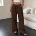 Women's Wide Leg Pants Knotted Waist Slant Pockets Textured Fabric Casual Comfort Fit Bottoms_ecoleips.com