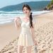Conservative Slimming One-Piece Swimsuit Women's Sexy Skirt Style High End Vacation Hot Spring Swimwear Short Sleeve Polyester_ecoleips.com