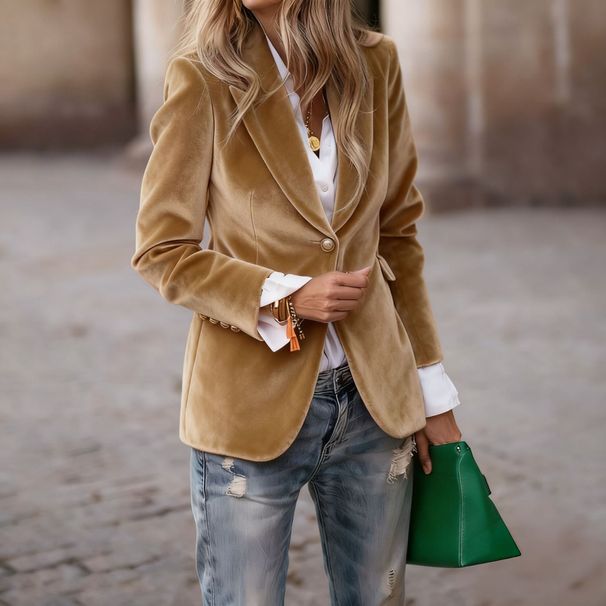 Women's Clothing Gold Velvet Slim Fit Suit Jacket For Women Faux Pocket Elegant Style For Formal & Casual For Women_ecoleips.com