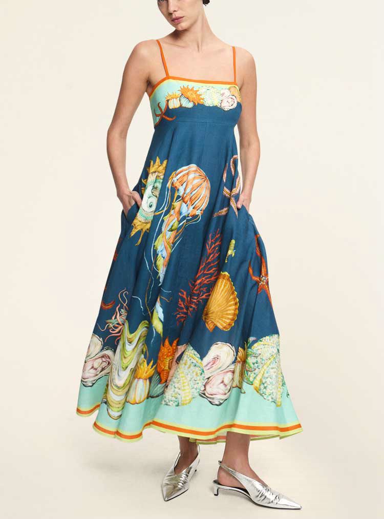 Women's Clothing Summer New Holiday Big Swing Graffiti Cotton And Linen Sleeveless Suspender Dress_ecoleips.com