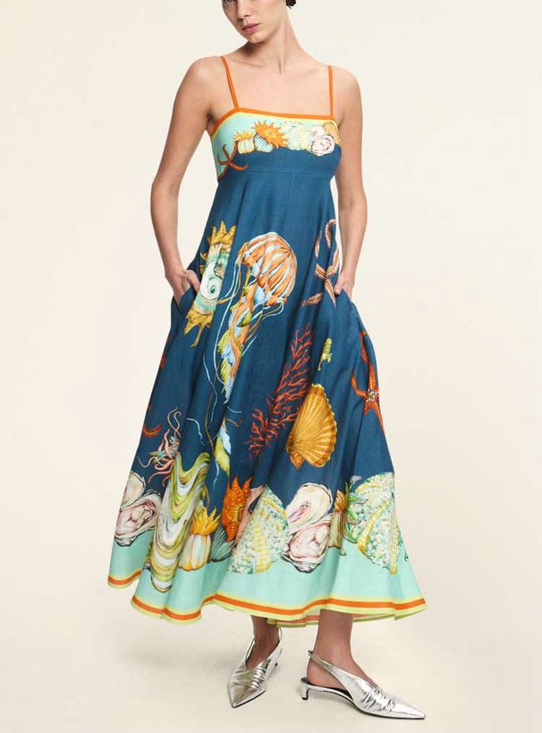 Women's Clothing Summer New Holiday Big Swing Graffiti Cotton And Linen Sleeveless Suspender Dress_ecoleips.com