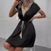 Women's Clothing Solid Color Short Sleeved Lace V Neck Waist Dress_ecoleips.com