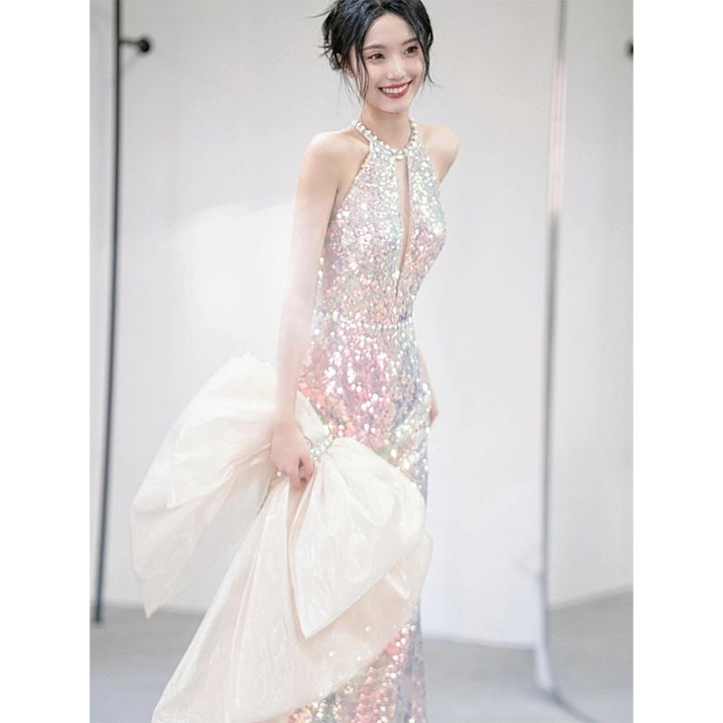 Women's Clothing High End Sequined Evening Dress Light Luxury Niche Halter Neck Fishtail Host Mermaid Annual Meeting Dress_ecoleips.com