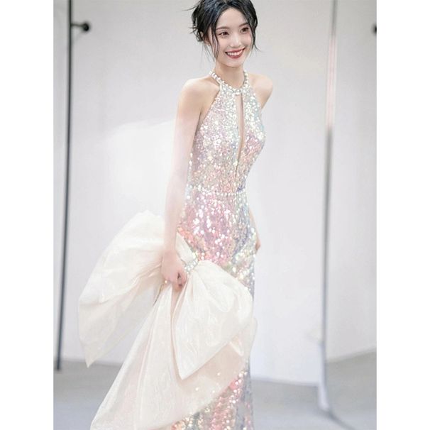Women's Clothing High End Sequined Evening Dress Light Luxury Niche Halter Neck Fishtail Host Mermaid Annual Meeting Dress_ecoleips.com