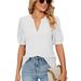 2025 Summer Casual V-neck Solid Color Hollow Bubble Sleeve Loose T-shirt Top For Women_ecoleips.com