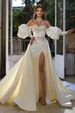Wedding Dress With Small Train, Slim Waist And Hips, Body Hugging Satin Two Piece Set, Detachable Puff Sleeves, Tube Top Wedding Dress_ecoleips.com