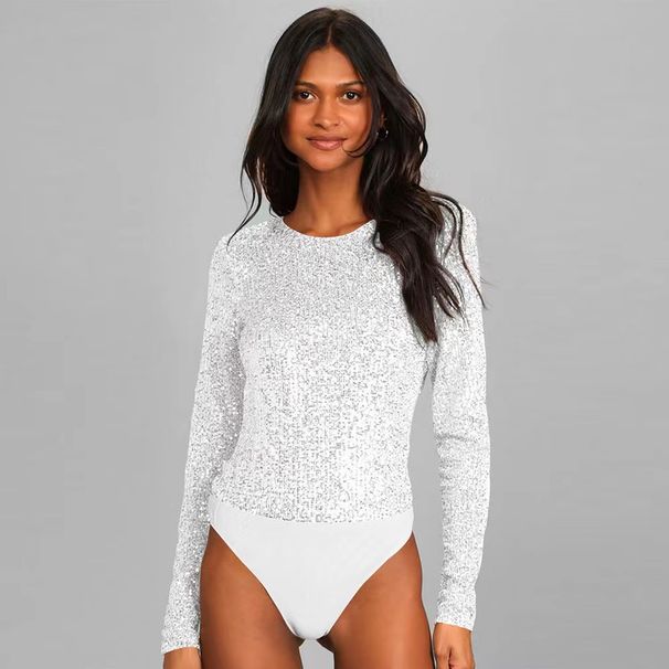 Women's Clothing Women's Slim Fit Long Sleeve Jumpsuit Solid Color Glitter Elegant Sexy Hollow Out Summer Top_ecoleips.com