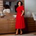 Women's Elegant Fitted Waist Round Neck Puff Sleeve Full Skirt Dress_ecoleips.com
