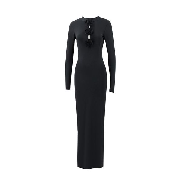 Women's Clothing Sexy Hollow Celebrity Private Clothes Temperament Three Dimensional Flower Long Sleeved Slim Long Dress_ecoleips.com