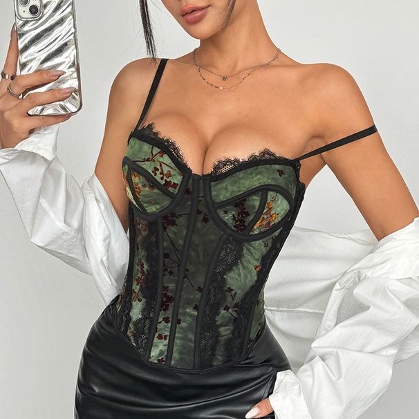 European And American INS Retro Style Mesh Printed Eyelash Lace Patchwork Fishbone Underwire Slim Fit Hot Girl Small_ecoleips.com