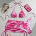 Rose Pink Gradient Floral Print Halter Neck Three Piece Women's Bikini Set Triangle Cups Drawstring Swimwear_ecoleips.com