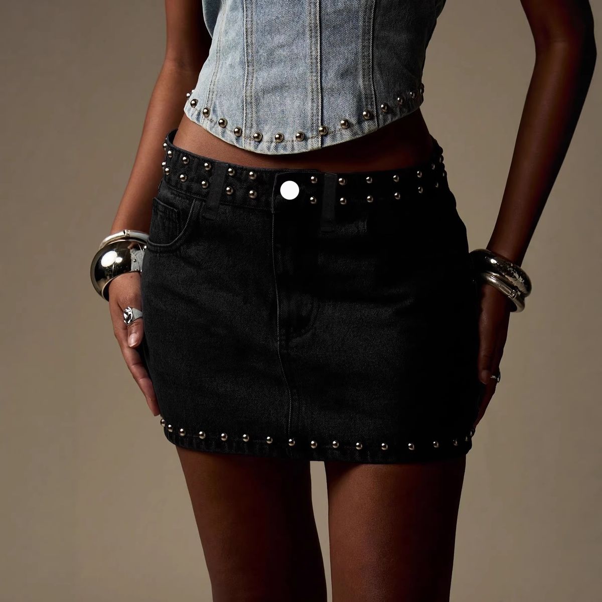 Y2K Style Denim Midi Skirt with Studded And Metallic Embellishments Sexy Short Skirt European And American Style for Early Spring And Summer_ecoleips.com