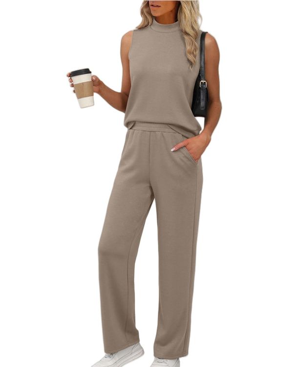 Women's Cotton Polyester Two-Piece Suit Summer Travel Casual Fashion Turtleneck Top Wide Leg Pants Mid Waist Full Length_ecoleips.com