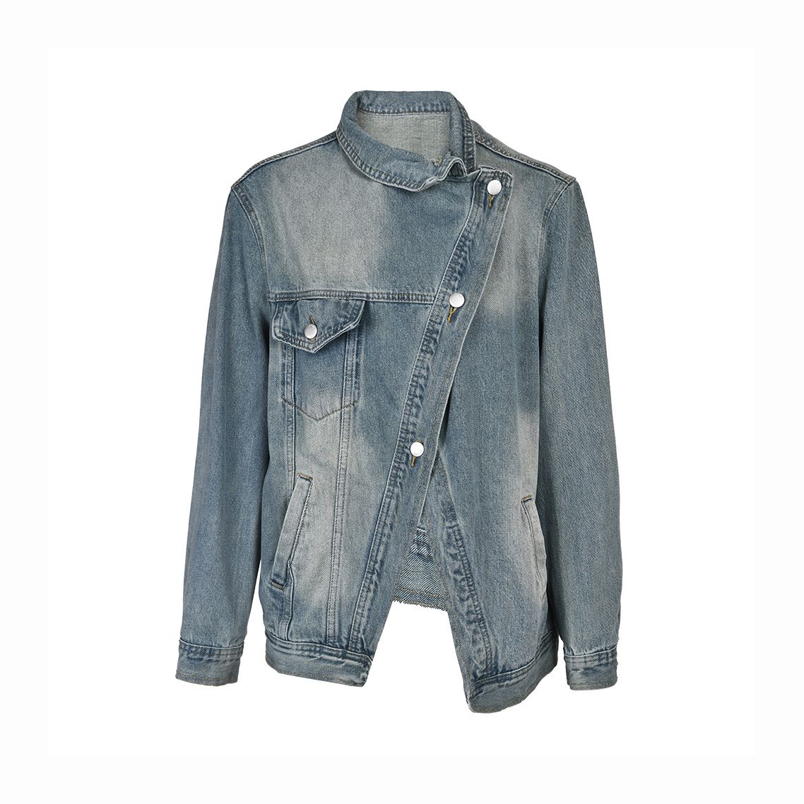 Unisex Distressed Denim Jacket – Oversized Cropped Fit With Asymmetrical Wash & Stand Collar (S-XL, Streetwear Style)_ecoleips.com