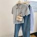 Elegant Women's Knit Short-Sleeve Top in Gray with Lapel Bow Tie Slim Fit Breathable Stylish Fashion for Ladies_ecoleips.com