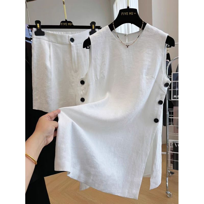 Breathable Pure Linen Tank Top And Shorts Set, Relaxed Salt-Style Loungewear For Women_ecoleips.com