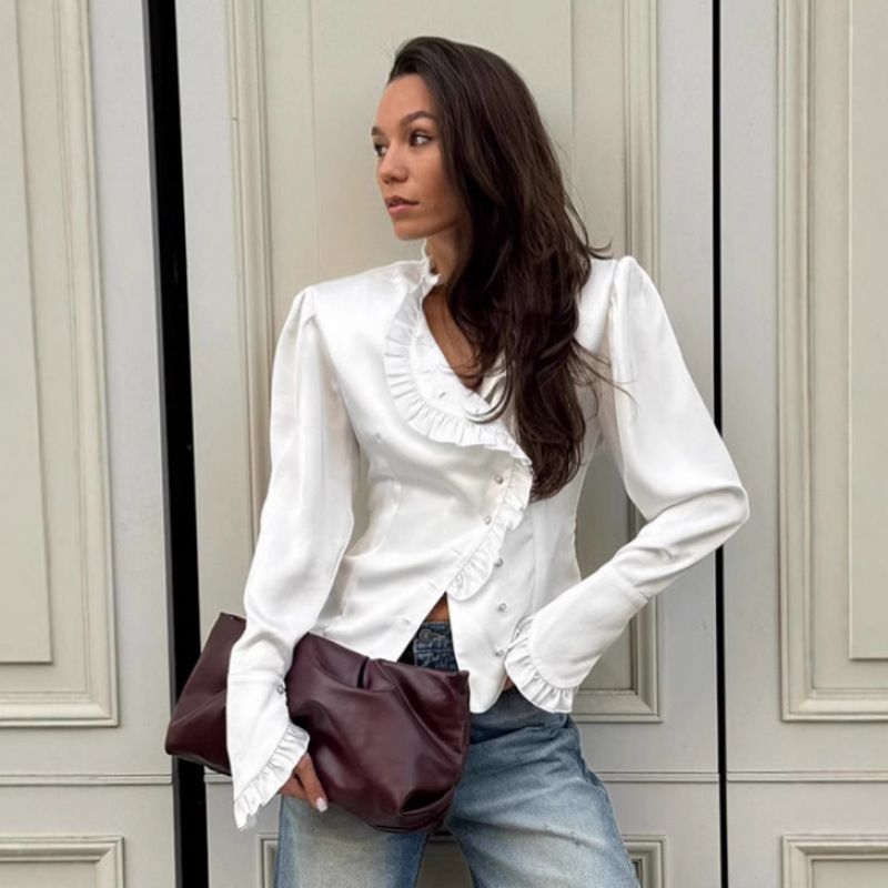 Autumn-Inspired Satin Shirt With Wooden-Leaf Pattern, Featuring A Fitted Waistline And White Floral Trim For Women's Wea_ecoleips.com