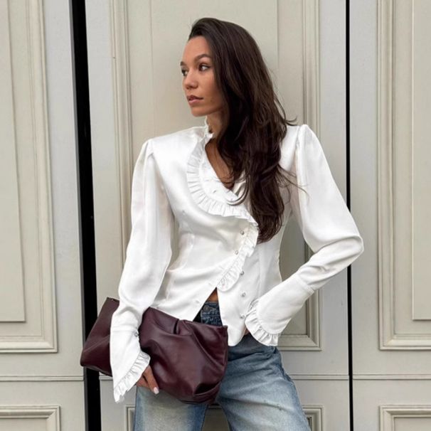 Autumn-Inspired Satin Shirt With Wooden-Leaf Pattern, Featuring A Fitted Waistline And White Floral Trim For Women's Wea_ecoleips.com