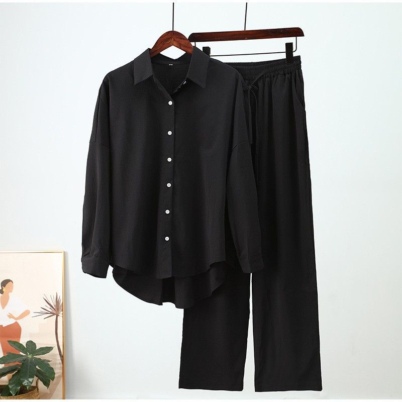 A Loose, Elastic, Wrinkled Long-Sleeved Shirt And Wide-Leg Pants Casual Set For Women In Autumn And Winter_ecoleips.com