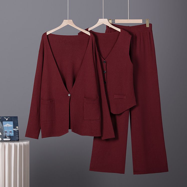 Women's Fashionable Knitted Three Piece Set Relaxed Style Sweater Vest Wide Leg Pants Autumn Winter Clothing Set_ecoleips.com