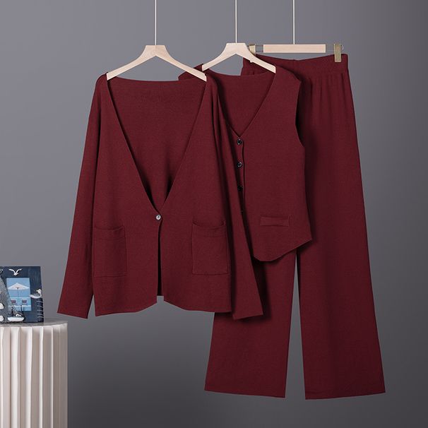 Women's Fashionable Knitted Three Piece Set Relaxed Style Sweater Vest Wide Leg Pants Autumn Winter Clothing Set_ecoleips.com