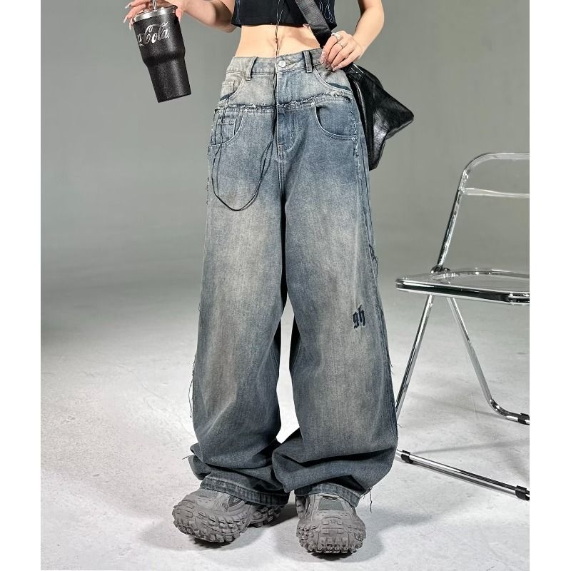 American High Street Niche Design Wide-leg Washed Denim Jeans For Women, New Summer Style, Straight Loose Fit,_ecoleips.com