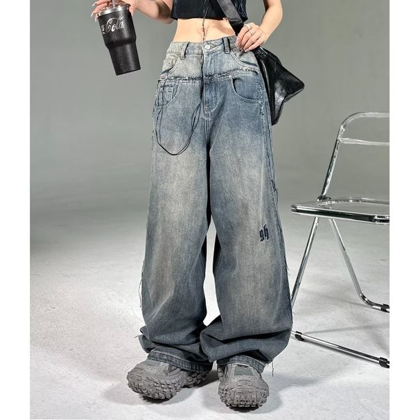 American High Street Niche Design Wide-leg Washed Denim Jeans For Women, New Summer Style, Straight Loose Fit,_ecoleips.com