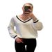 Stylish Oversized V-Neck Color Block Sweater For Women - Soft Acrylic Knit Long Sleeve Pullover_ecoleips.com