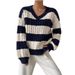 Cozy Oversized V-Neck Sweater Women's Casual Knit Top With Striped Design - Fall & Winter Warm Loose Fit Pullover_ecoleips.com