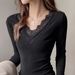 K Lace Lace V-neck Long Sleeved Base Shirt For Women, Slim Fit Design, Front Shoulder T-shirt_ecoleips.com