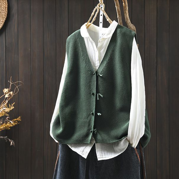 girl Chinese Style V-Neck Cotton Knitted Red Cardigan For Women 2025 Autumn New Sleeveless Layered Vest Top_ecoleips.com