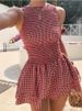 Women's Clothing Women's Mini Dress Pink Vichy Checkered Off-Shoulder Tie-Waist Street Style Summer European American Cross Border Fashion_ecoleips.com