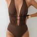 2026 Women's European American Style Drawstring Backless Halter Neck Sexy Solid Color Deep V One Piece Swimsuit Bikini_ecoleips.com