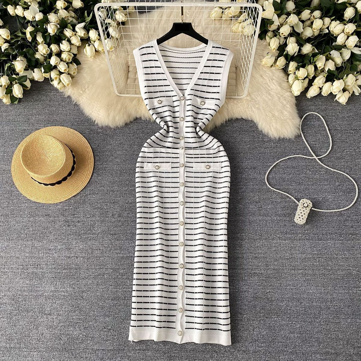 Women's Clothing Celebrity Temperament Small Fragrance Style Striped Dress Female Summer High End Fashion Leisure Long Knitted Vest Long Skirt_ecoleips.com
