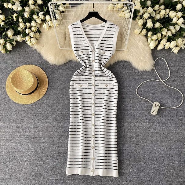 Women's Clothing Celebrity Temperament Small Fragrance Style Striped Dress Female Summer High End Fashion Leisure Long Knitted Vest Long Skirt_ecoleips.com