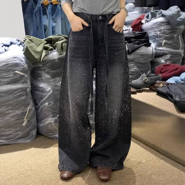 Retro American Rhinestone Women's Wide Leg Jeans Heavy Duty Starry Loose Fit Floor Length Pants Autumn Winter England Style Fashion_ecoleips.com