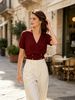 French Elegant V - Neck Crossover Design Double - Row Gold Button Short - Sleeve Knit Top_ecoleips.com