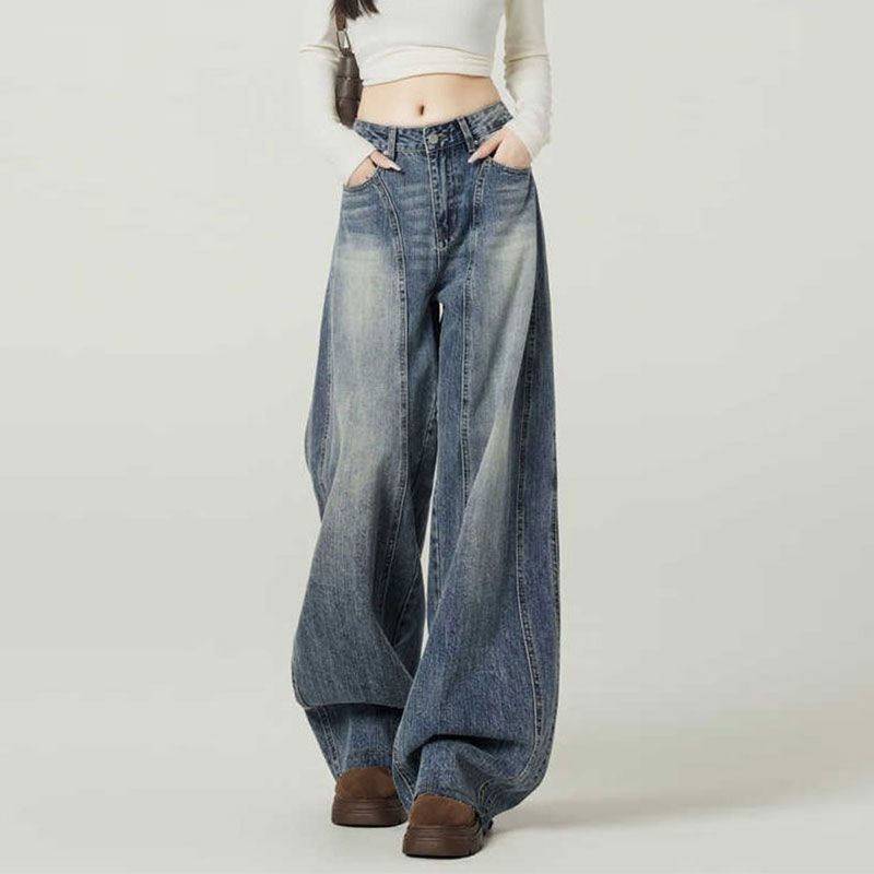 Retro Blue High Waist Wide Leg Jeans Women's Trendy Versatile Slimming Curved Sash American Style High Street Denim_ecoleips.com
